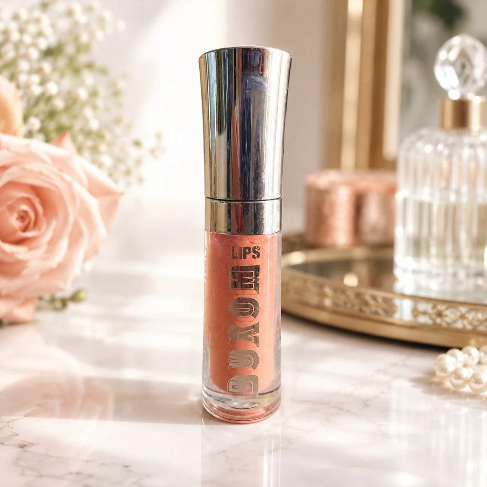 Buxom Lips Bare Escentuals Amber Lip Polish Shimmer Gloss .07 oz Plumping Peachy